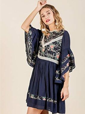 Umgee Navy Floral Embroidered Midi Dress